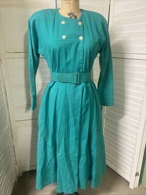 Vintage 80s Depeche Mode Belted Dress Shirt Dress Fit N Flare Teal Sz Small USA